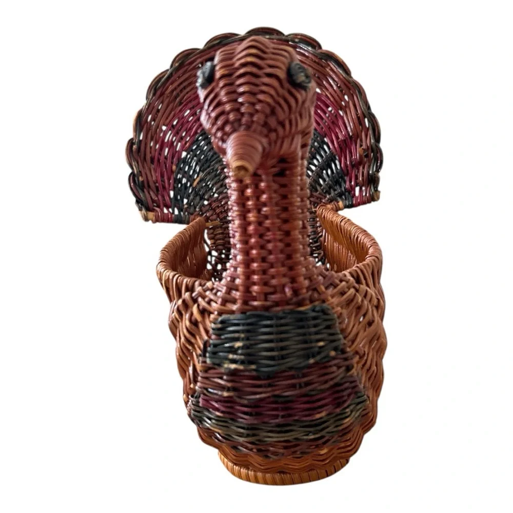 Vintage Turkey Wicker Basket Bread Bun Holder Holiday Thanksgiving Decor